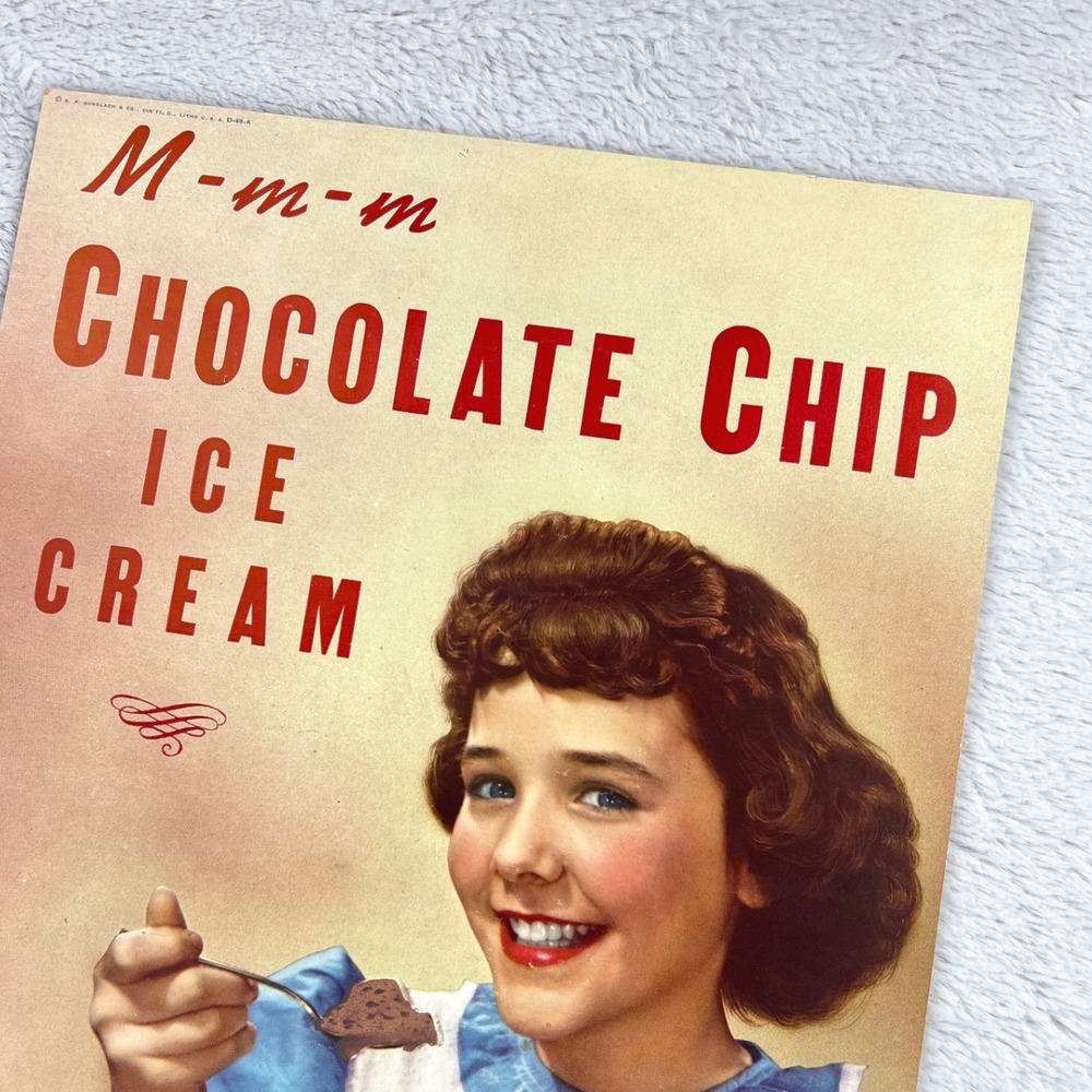 1950s Ice Cream Vintage Advertising Sign 20" Cardboard Girl Chocolate‎ Chip USA - Picture 6 of 10